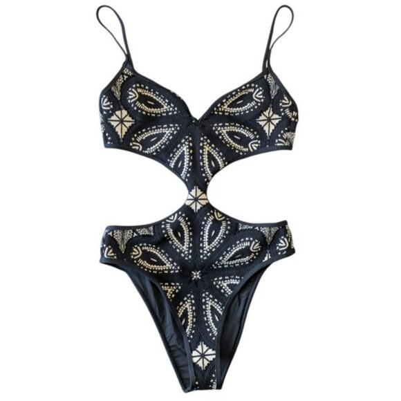 Devon Windsor Julian Black Jacquard One Piece Swimsuit New Size Medium Cut Out - Picture 2 of 12